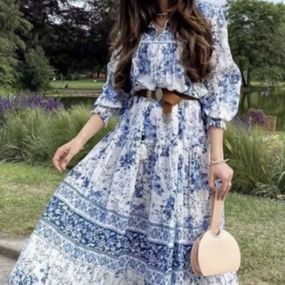 ZARA Boho Floral Print Ruffle Maxi Dress White & Blue Blogger Favorite XS - Picture 3 of 12